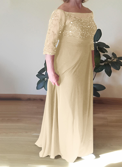 A-Line Scoop Neck Chiffon Floor-Length Chiffon Mother Of The Bride Dresses With Beading