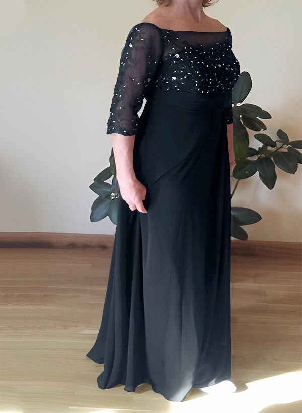 A-Line Scoop Neck Chiffon Floor-Length Chiffon Mother Of The Bride Dresses With Beading