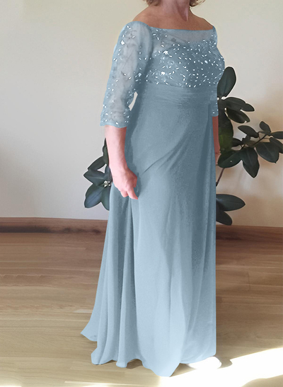 A-Line Scoop Neck Chiffon Floor-Length Chiffon Mother Of The Bride Dresses With Beading