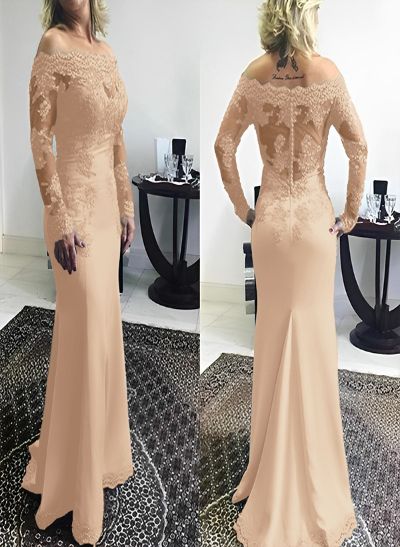 Mermaid Off-The-Shoulder Elastic Satin Sweep Train Mother Of The Bride Dresses With Appliques Lace