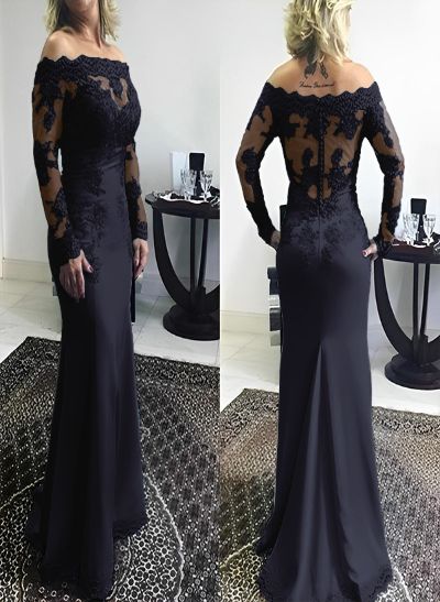 Mermaid Off-The-Shoulder Elastic Satin Sweep Train Mother Of The Bride Dresses With Appliques Lace