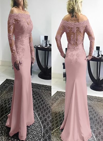 Mermaid Off-The-Shoulder Elastic Satin Sweep Train Mother Of The Bride Dresses With Appliques Lace