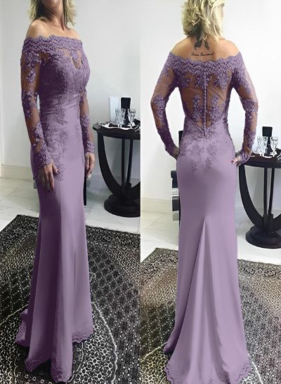 Mermaid Off-The-Shoulder Elastic Satin Sweep Train Mother Of The Bride Dresses With Appliques Lace