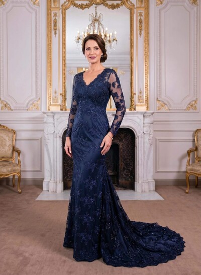 Exquisite Plunge Neck Trumpet Floral Embroidered Mother Of The Bride Dresses