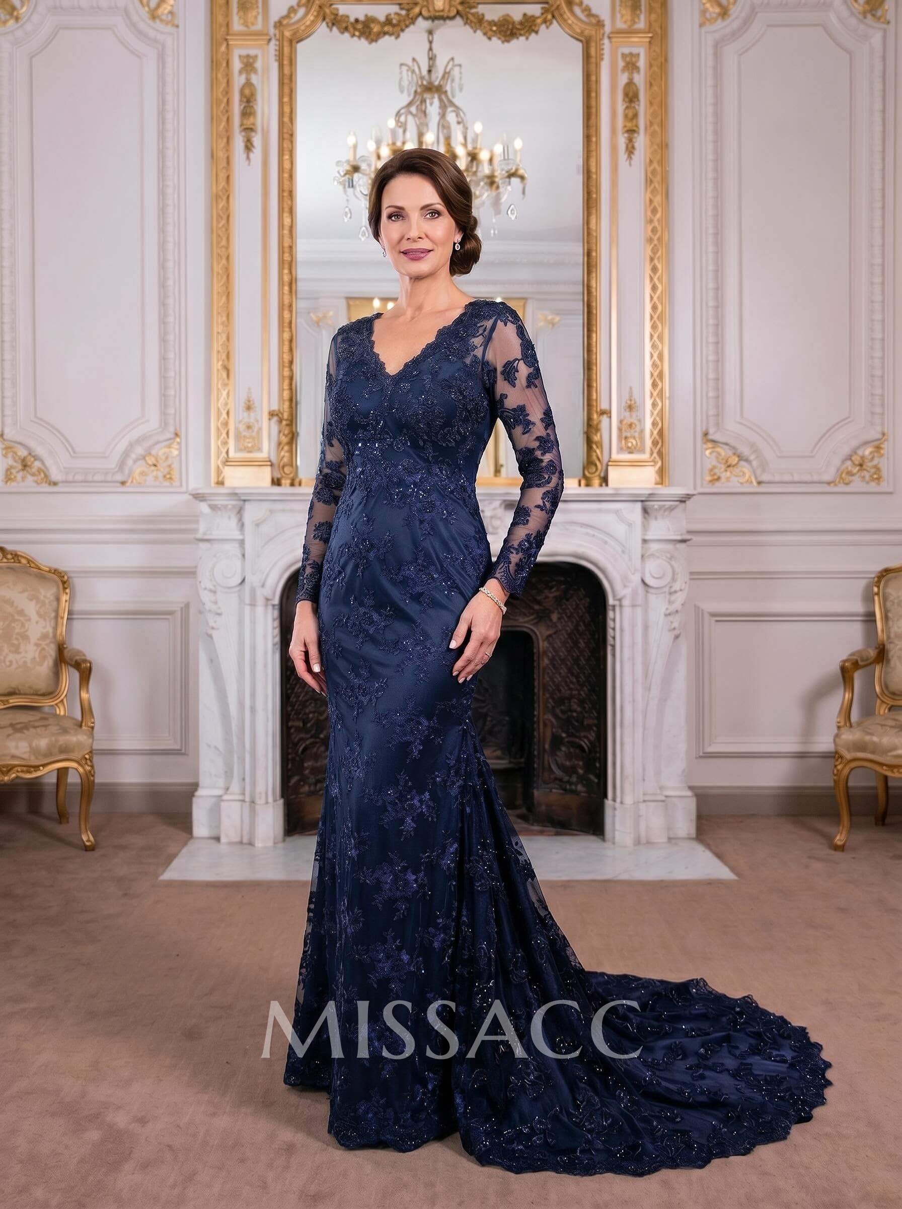 Exquisite Plunge Neck Trumpet Floral Embroidered Mother Of The Bride Dresses Exquisite Plunge Neck Trumpet Floral Embroidered Mother Of The Bride Dresses