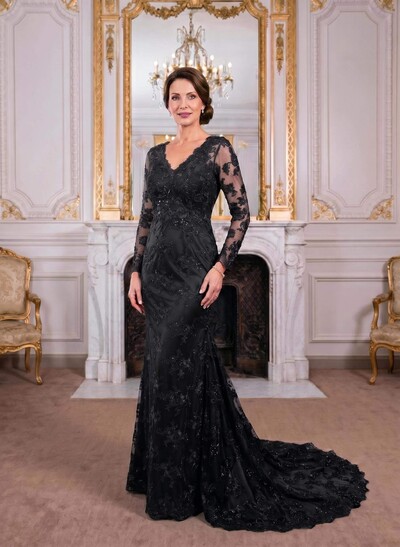 Exquisite Plunge Neck Trumpet Floral Embroidered Mother Of The Bride Dresses