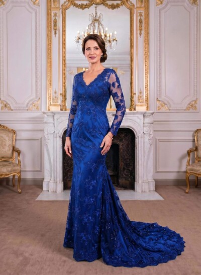 Exquisite Plunge Neck Trumpet Floral Embroidered Mother Of The Bride Dresses