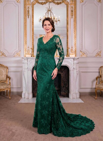 Exquisite Plunge Neck Trumpet Floral Embroidered Mother Of The Bride Dresses