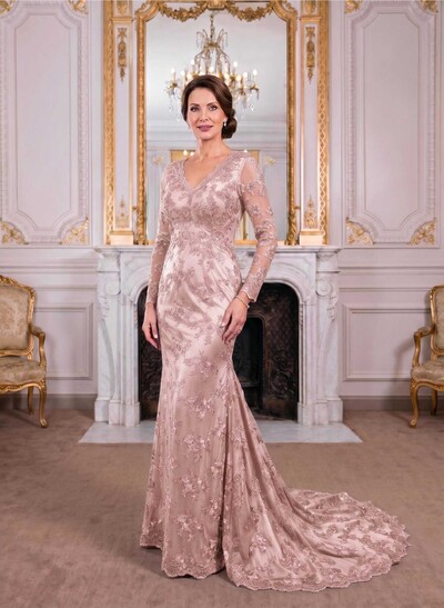 Exquisite Plunge Neck Trumpet Floral Embroidered Mother Of The Bride Dresses