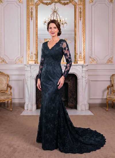 Exquisite Plunge Neck Trumpet Floral Embroidered Mother Of The Bride Dresses