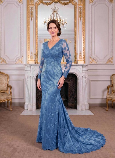Exquisite Plunge Neck Trumpet Floral Embroidered Mother Of The Bride Dresses