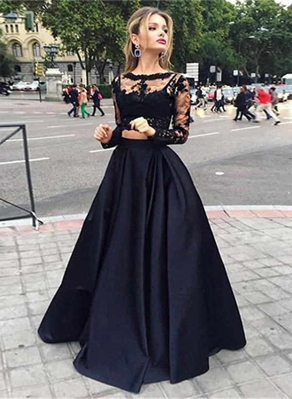 A-Line Scoop Neck Long Sleeve Floor-Length Satin Prom Dress With Appliques Lace