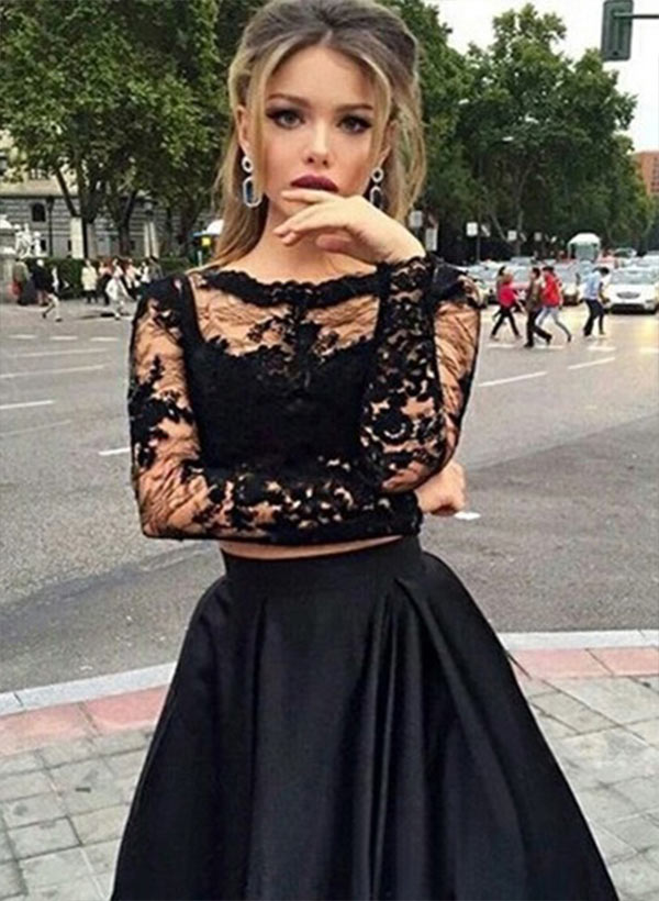 A-Line Scoop Neck Long Sleeve Floor-Length Satin Prom Dress With Appliques Lace