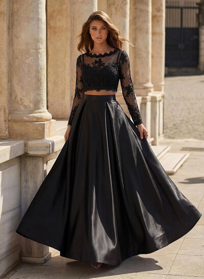 A-Line Scoop Neck Long Sleeve Floor-Length Satin Prom Dress With Appliques Lace