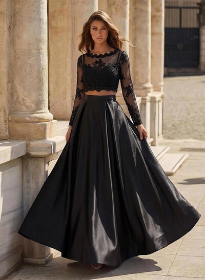 A-Line Scoop Neck Long Sleeve Floor-Length Satin Prom Dress With Appliques Lace
