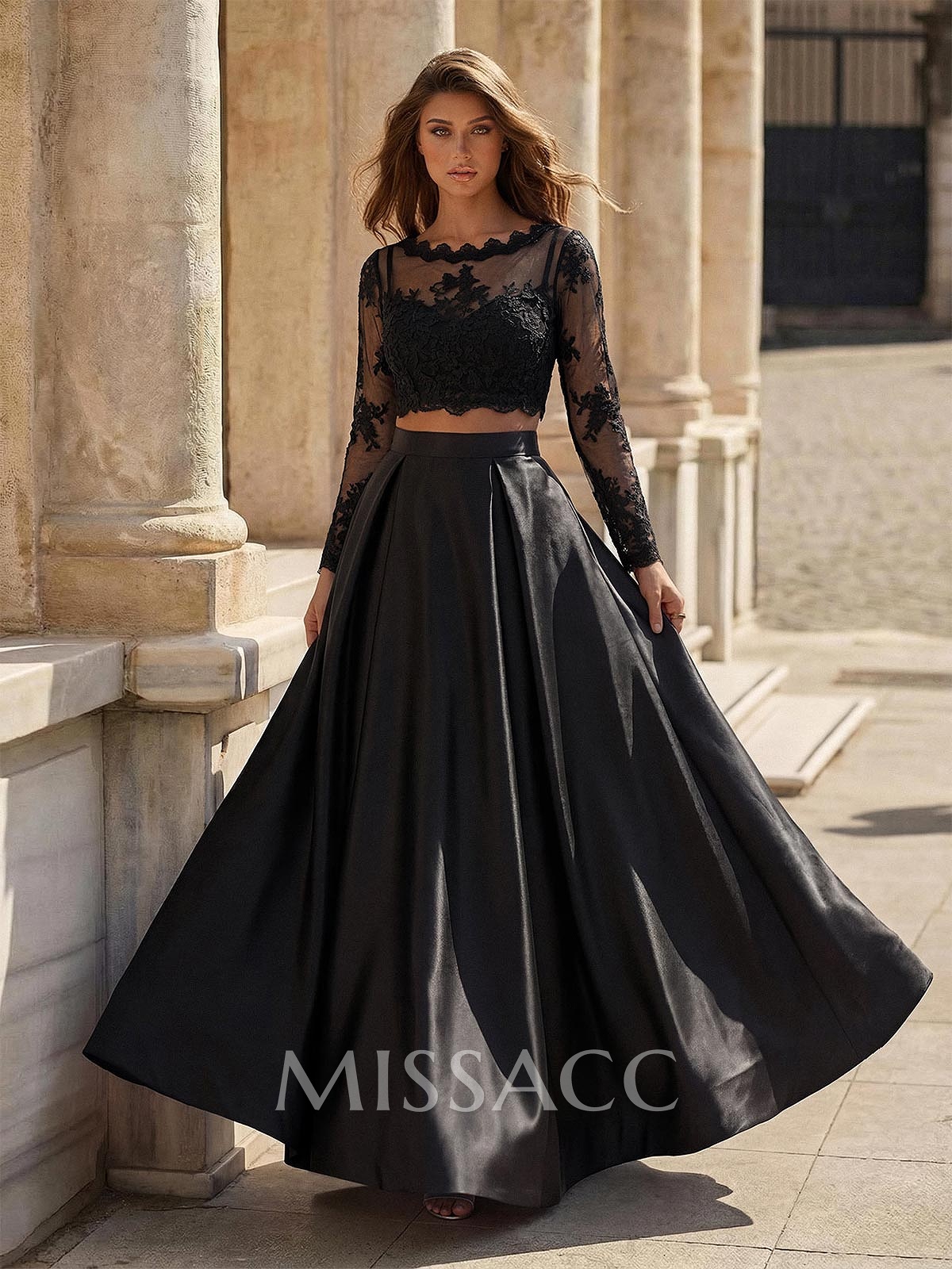A-Line Scoop Neck Long Sleeve Floor-Length Satin Prom Dress With Appliques Lace