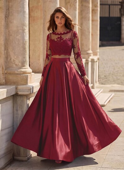 A-Line Scoop Neck Long Sleeve Floor-Length Satin Prom Dress With Appliques Lace