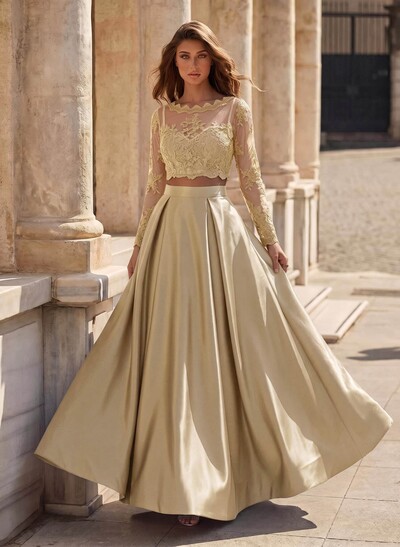 A-Line Scoop Neck Long Sleeve Floor-Length Satin Prom Dress With Appliques Lace