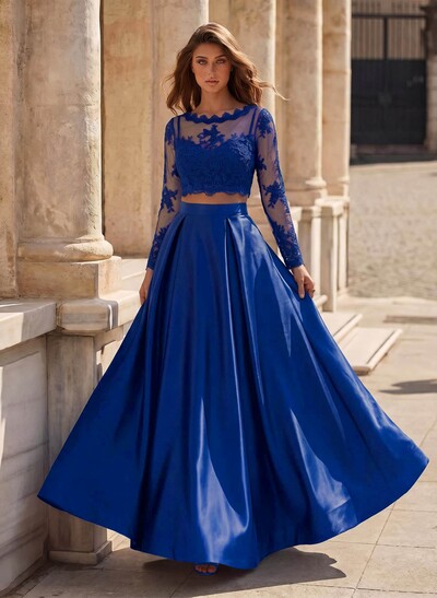 A-Line Scoop Neck Long Sleeve Floor-Length Satin Prom Dress With Appliques Lace
