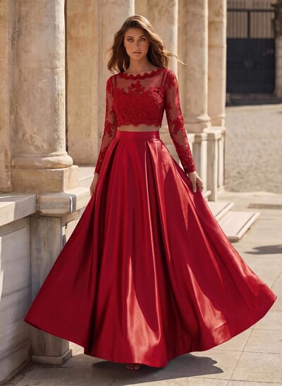 A-Line Scoop Neck Long Sleeve Floor-Length Satin Prom Dress With Appliques Lace