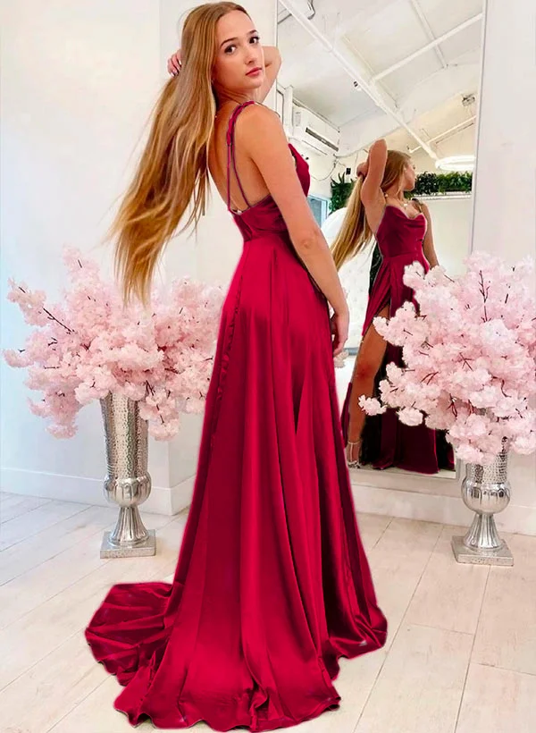 fitted lace wedding dress Elegant One-shoulder Pleats Red Sexy Side-slit Long Mermaid Prom Dress –  SposaBridal main image 1