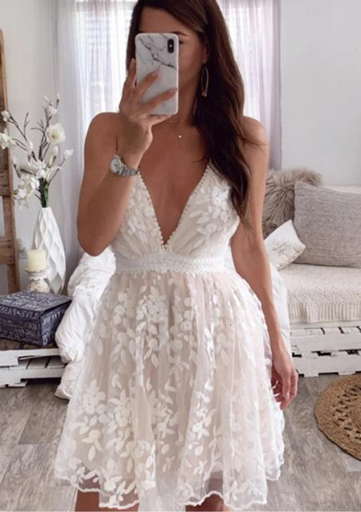 A-line V Neck Sleeveless Short/Mini Lace Prom Dress With Lace