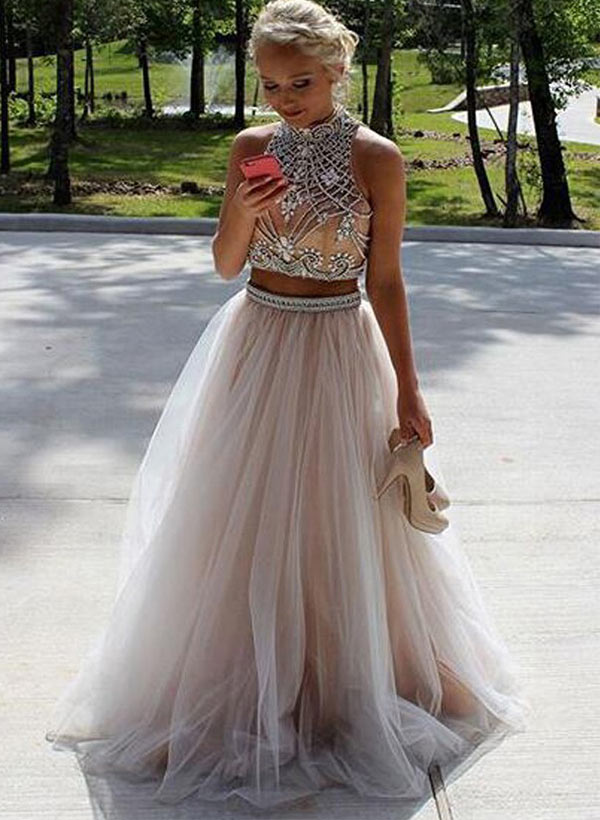 A-line/Princess High Neck Sleeveless Floor-Length Tulle Prom Dress With Beading