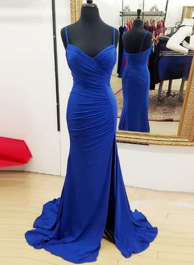 Sheath/Column Sweetheart Sweep Train Jersey Pleated Prom Dress With Split Front