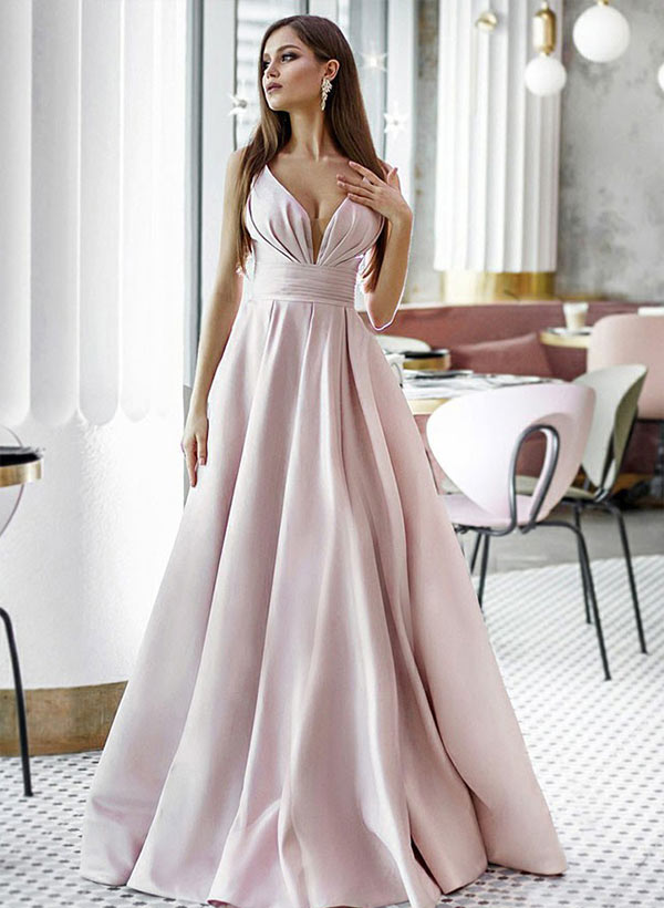 Ball-Gown/Princess V-Neck Sleeveless Long/Floor-Length Satin Prom Dress With Pleated