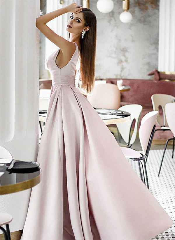 Ball-Gown/Princess V-Neck Sleeveless Long/Floor-Length Satin Prom Dress With Pleated