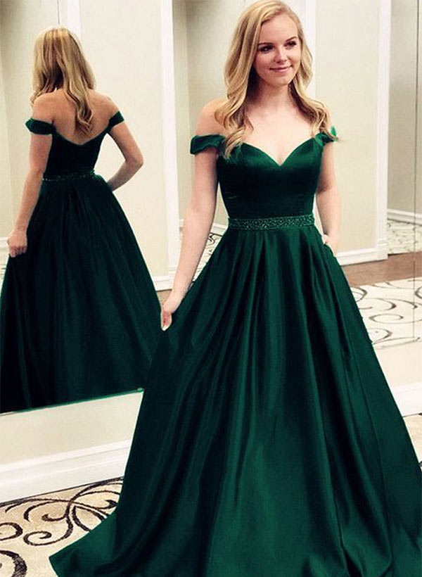 Ball-Gown/Princess Off-the-Shoulder Sweep Train Charmeuse Prom Dress With Beading