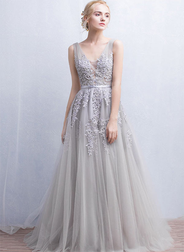 A-Line/Princess V-Neck Tulle Sweep Train Prom Dress With Beading