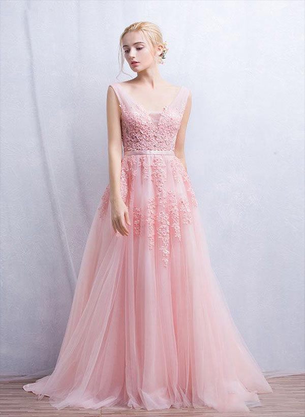 A-Line/Princess V-Neck Tulle Sweep Train Prom Dress With Beading
