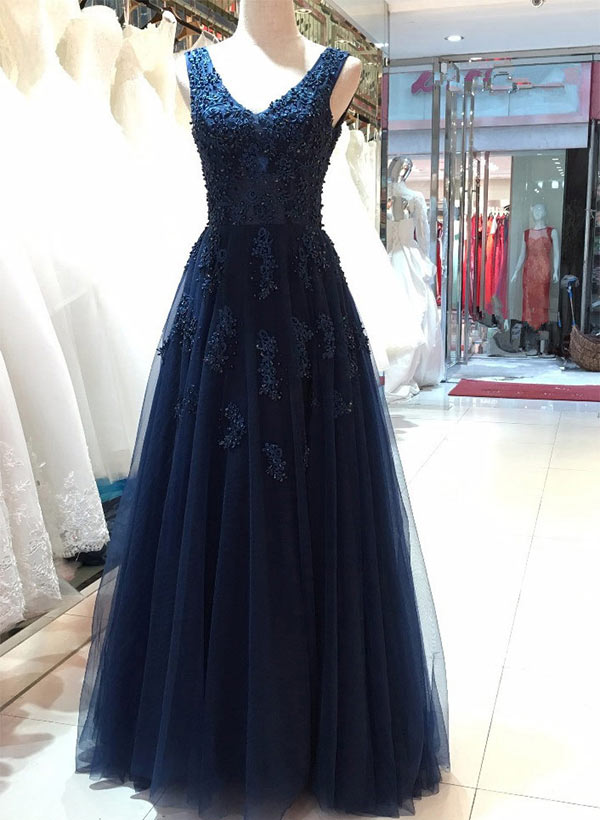 A-Line/Princess V-Neck Long/Floor-Length Tulle Prom Dress With Beading