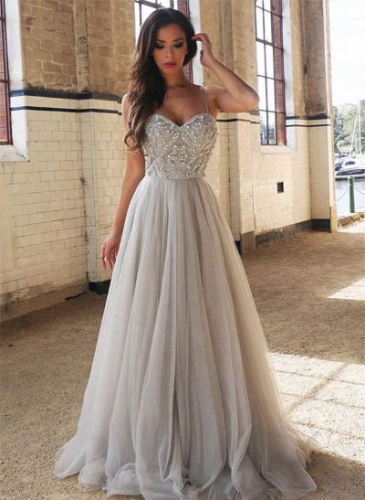 A-Line/Princess Sweetheart Sweep Train Tulle Prom Dress With Beading