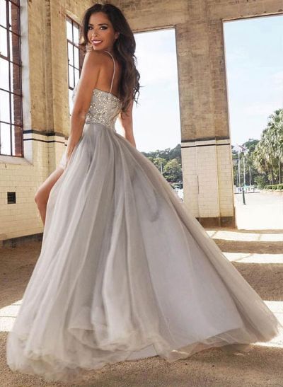 A-Line/Princess Sweetheart Sweep Train Tulle Prom Dress With Beading