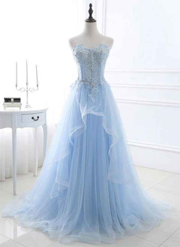 A-Line/Princess Sweetheart Sweep Train Tulle Prom Dresses With Beading
