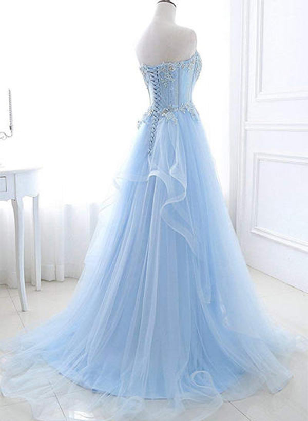 A-Line/Princess Sweetheart Sweep Train Tulle Prom Dresses With Beading