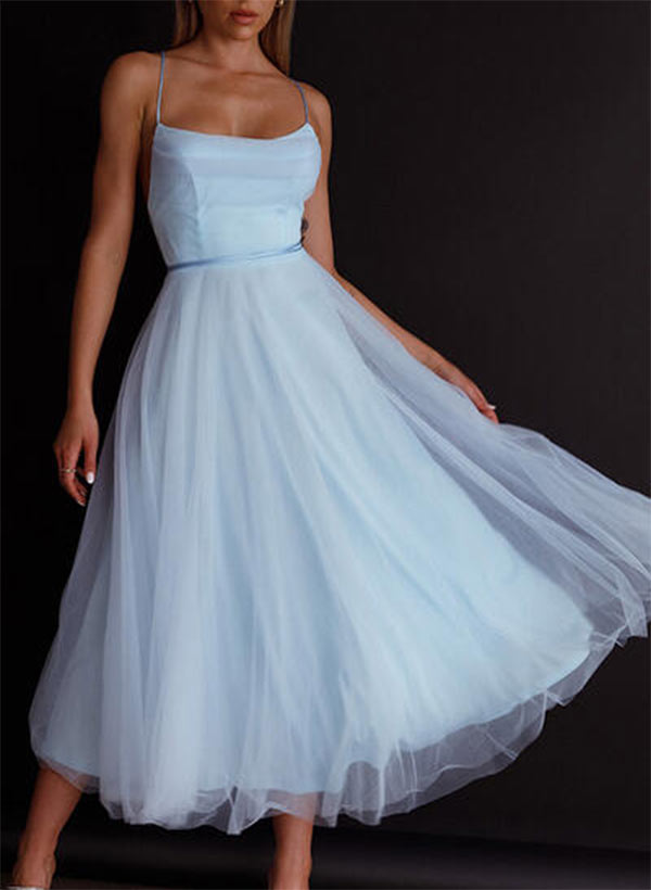 A-line Halter Tulle Tea-length Prom Dresses With Bow(s)