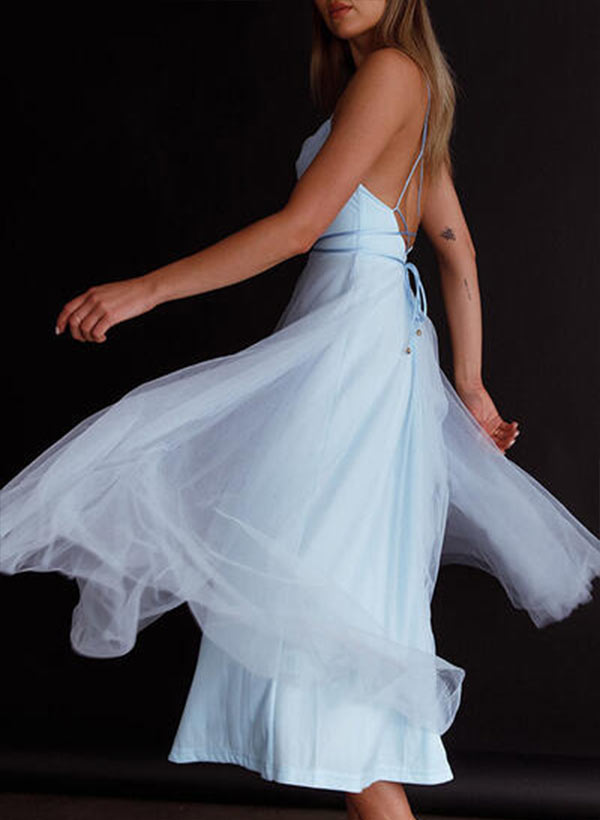 A-line Halter Tulle Tea-length Prom Dresses With Bow(s)