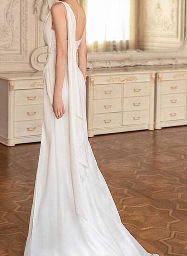 A-line One-Shoulder Sweep Train Chiffon Prom Dresses With Split Front