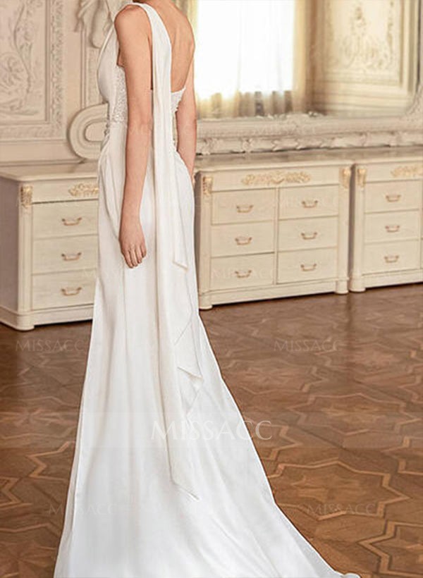 A-line One-Shoulder Sweep Train Chiffon Prom Dresses With Split Front