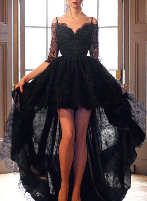 Ball-Gown Off the shoulder 3/4 Sleeves Asymmetrical Prom Dresses With Lace
