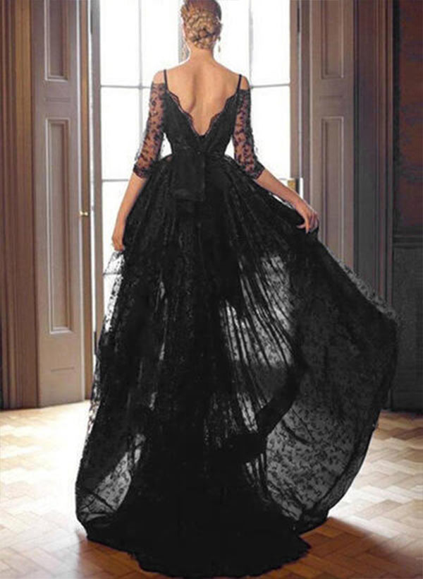 Ball-Gown Off the shoulder 3/4 Sleeves Asymmetrical Prom Dresses With Lace