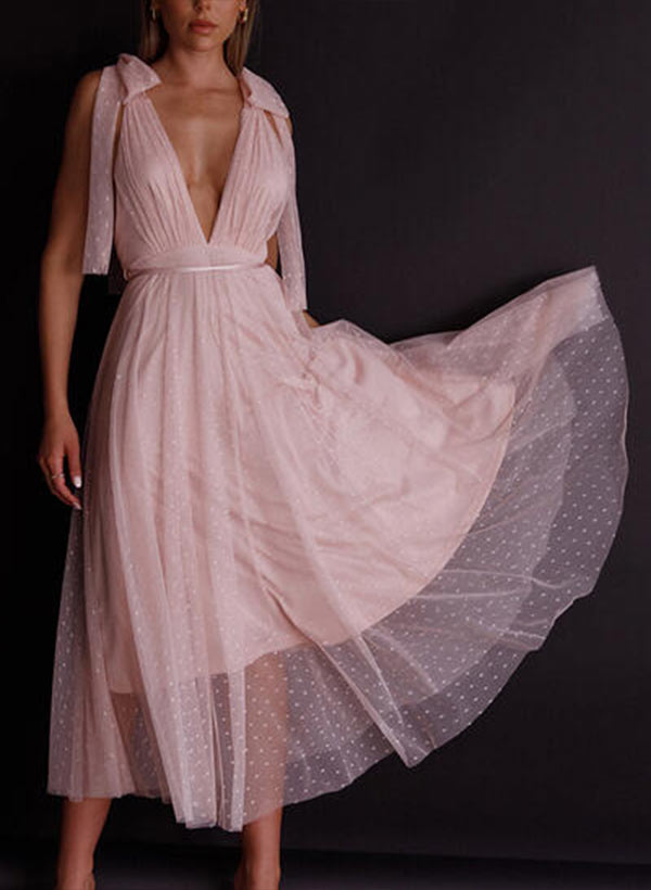 A-line V-Neck Tea-Length Tulle Prom Dresses With Sash/Bow(s)