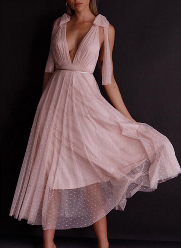 A-line V-Neck Tea-Length Tulle Prom Dresses With Sash/Bow(s)