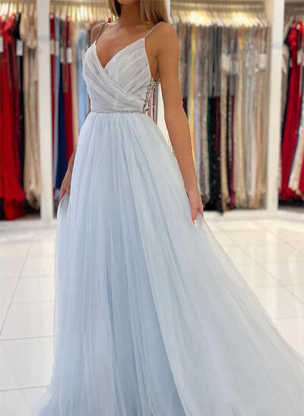 A-Line V-Neck Floor-Length Tulle Prom Dresses With Beading