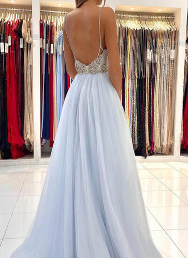 A-Line V-Neck Floor-Length Tulle Prom Dresses With Beading
