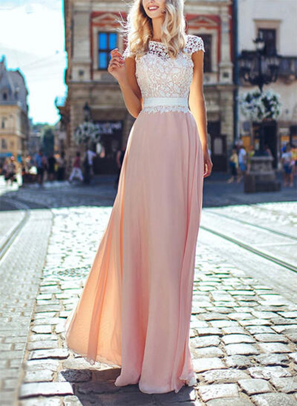 A-line Scoop Neck Short Sleeves Chiffon Floor-Length Prom Dress With Sash