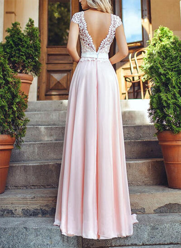 A-line Scoop Neck Short Sleeves Chiffon Floor-Length Prom Dress With Sash